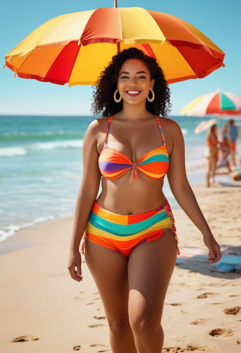A vibrant beach scene showcasing diverse individuals of all body types confidently wearing colorful, retro beachwear that reflects various historical styles, with a sunny backdrop and waves gently rolling in. The atmosphere radiates joy and body positivity, with beach umbrellas and towels adding pops of color, and carefree laughter depicted in the body language. Emphasize warm tones to evoke nostalgia and happiness. super-realistic. vibrant colors. 3D.