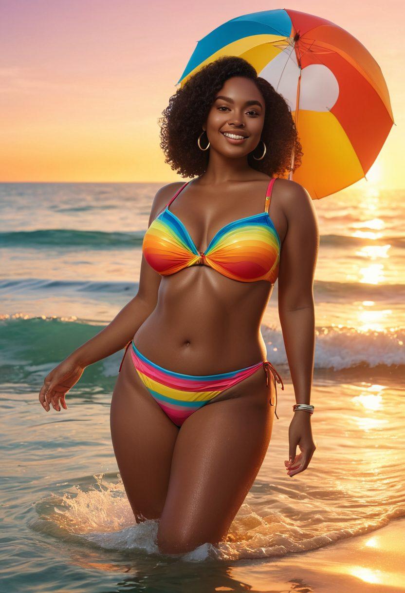 A colorful beach scene showcasing diverse body types confidently wearing stylish swimwear, celebrating body positivity. In the background, a radiant sunset reflects on the water, symbolizing emotional journeys. Include playful elements like beach balls and umbrellas to add a vibrant atmosphere. The image should convey joy, confidence, and inclusivity. super-realistic. vibrant colors. 3D.